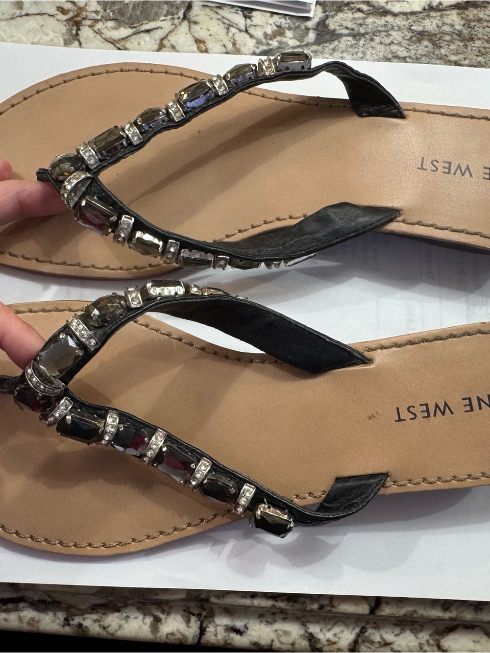Nine West Black Jeweled T-Strap Sandals